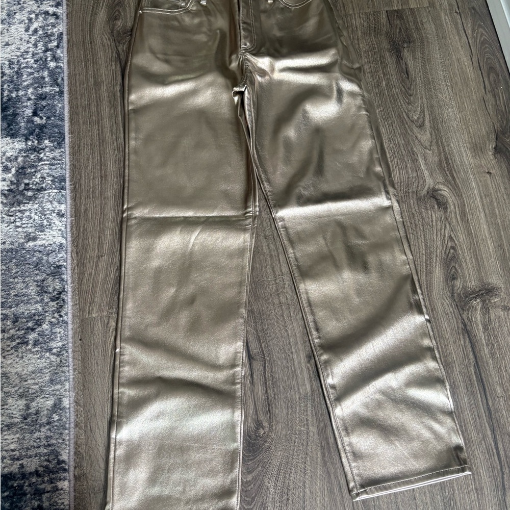 Metallic Faux Leather Straight-Leg Pants - Shimmer Taupe